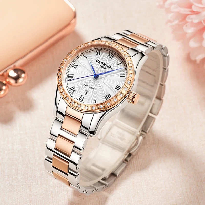 

CARNIVAL New Fashion Casual Elegan Ladies With Sapphire Mirror Wristwatches Stainless Steel Strap Mechanical Watches 8051L