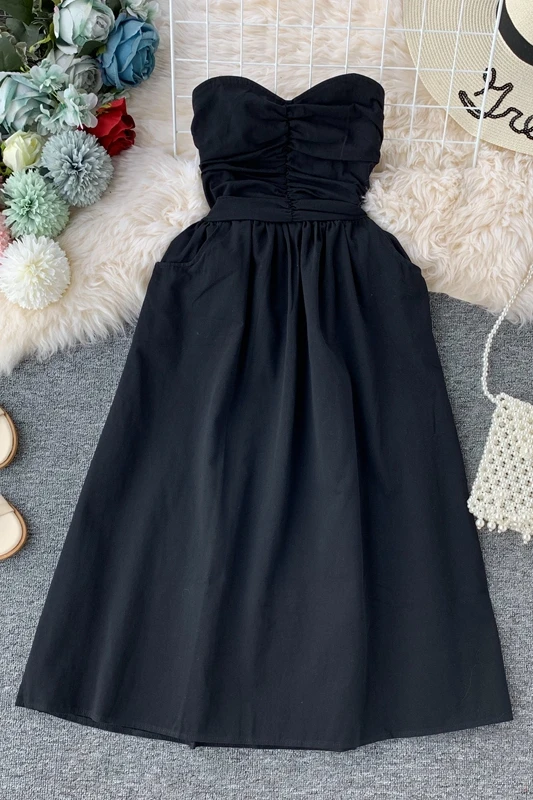 

Very Fairy Dress Female 2021 New Sexy Tube Top Waist Strapless Solid Color Mid-length All-match Small Dress