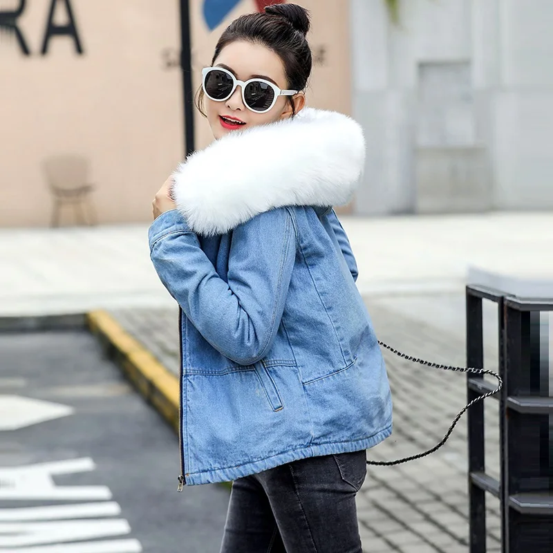 Новинка 2019 теплая зимняя женская джинсовая куртка с мехом модная синяя меховой