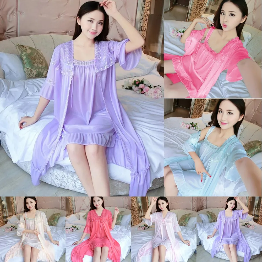 

2PCS Women Ice Silk Lace Nightdress Robe Set Dress Sleepwear Kimono Gown Sleepwear Dress Women Sexy Lingerie Satin Nightgown Hot