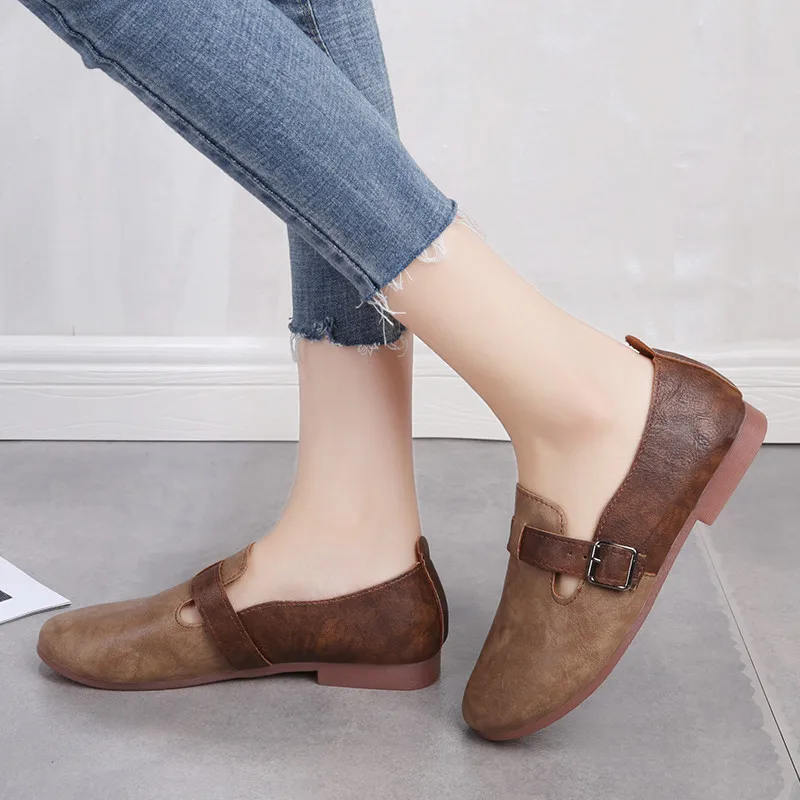 Туфли женские винтажные из мягкой кожи удобные рабочие лоферы без застежки