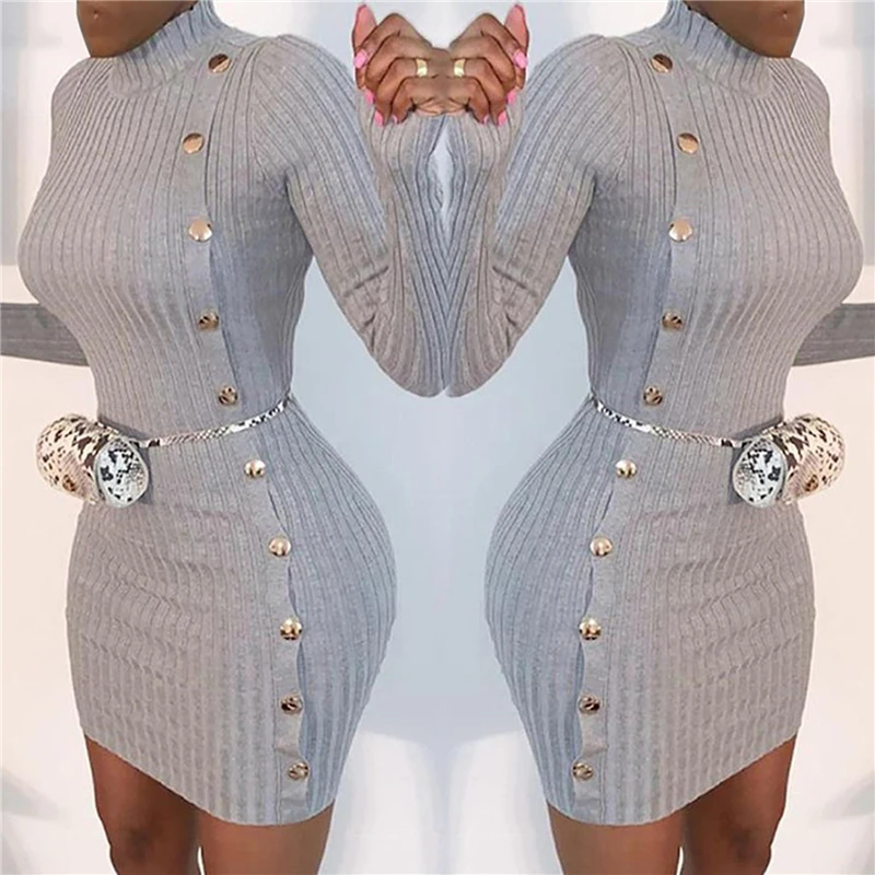 

Women Autumn Bodycon Mini Dress Gray Solid Patchwork Round Neck Long-sleeved Short Dress Slim Gray Dress Sexy Clubwear