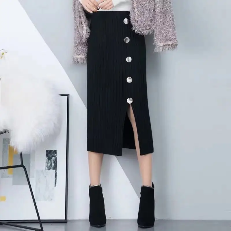 Женская Осенняя трикотажная юбка с высокой талией теплая элегантная вязаная в
