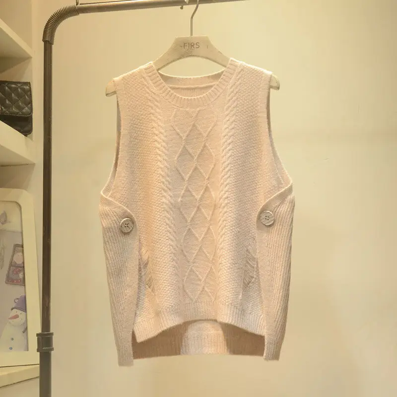 

Korean women's vest autumn and winter new loose and versatile sleeveless round neck solid color knitted outer pullover sweater