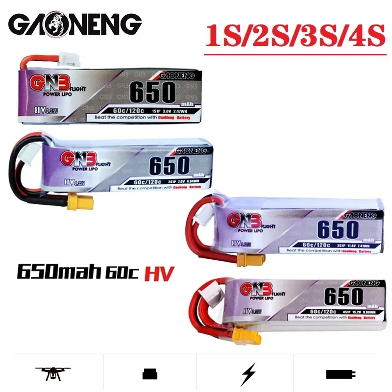 Gaoneng-bater&iacute;a Lipo para Dron peque&ntilde;o, pila de 650mAh, 60C/120C con enchufe PH2.0 XT30 para Emax Tinyhawk Kingkong LDARC, GNB HV 1S 2S 3S 4S, 2 uds.-0