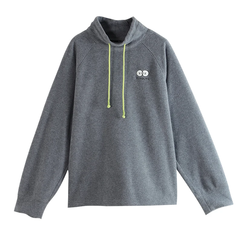 

Toyouth Women Pullover Warm Hoodies Casual Cartoon Printed Loose Top Gray Solid Drawstring Sweatershirt