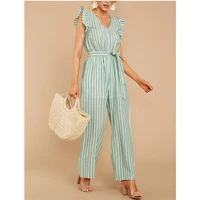 puwd casual women v neck stripe jumpsuits 2021 summer fashion ladies ruffles beach rompers female high waisted lacing jumpsuit