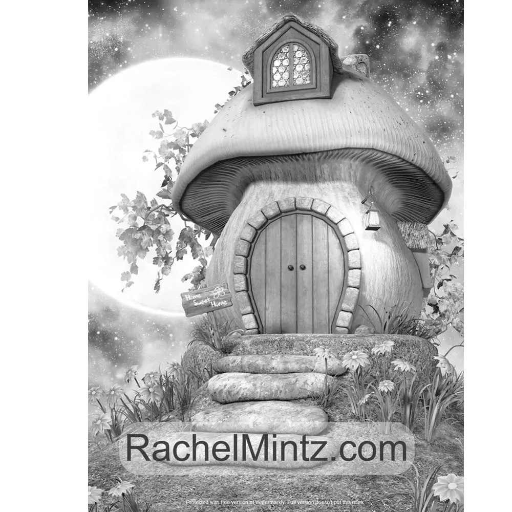 

Fantasy Houses Grayscale Coloring Book: Fairies & Elves Mushroom Homes 25-page