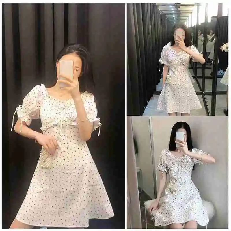 

Summer Women Vintage White Floral Print Dress High Party Short Dresses Sexy Puff Dress Elegant Mini Sleeve Slim Lace-up Wai
