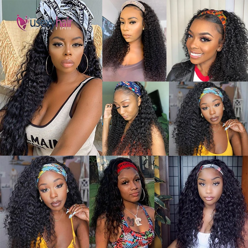 

30" Inches Curly Headband Wig Human Hair Brazilian Remy Kinky Straight Yaki Hair Wigs with Head Band No Gel Easy To Install
