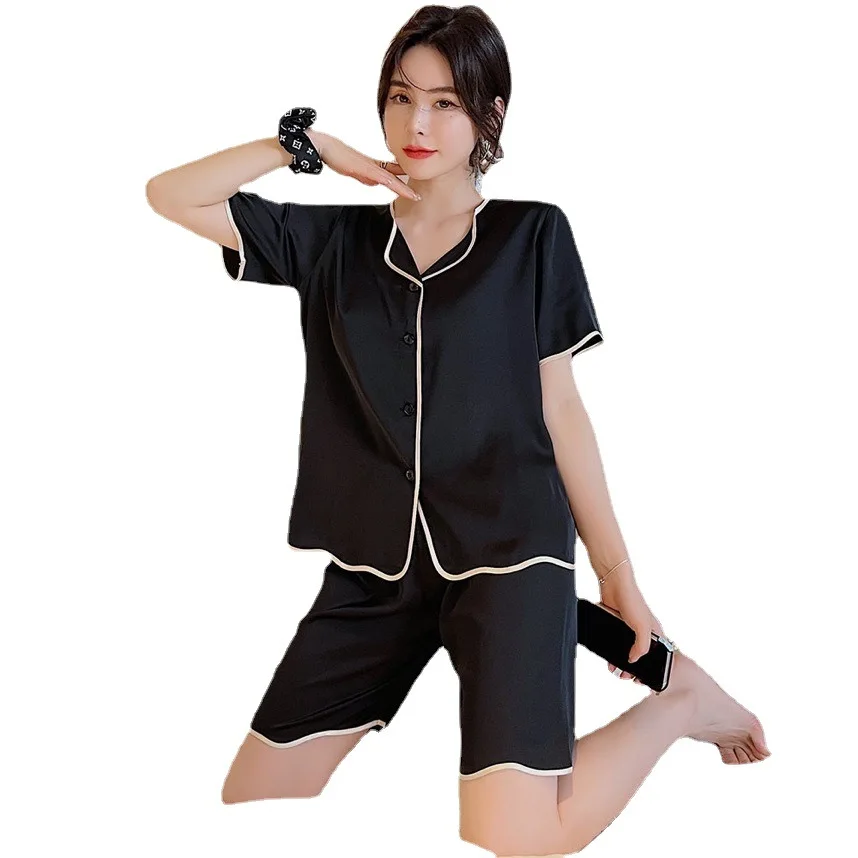 2021 Summer Ice Silk Pajamas Women's Short Sleeves Short Nightwear Wave Fashion Cardigan Pure White Ruffle Home Wear Sleepwear
