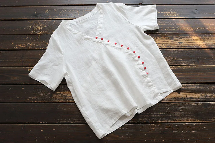 

7816 New Summer Women Blouse Chinese Style Buckle Linen V-Neck Short Sleeve Tops Solid Color Loose Shirts Women
