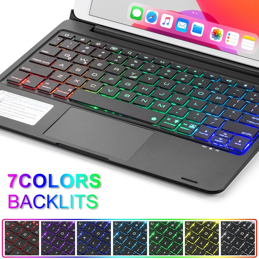 

Touchpad Wireless Keyboard Case for Apple ipad 10.2 2019 2020 with Pencil Holder 7 Color Backlit Keyboard Stand Protective Cover