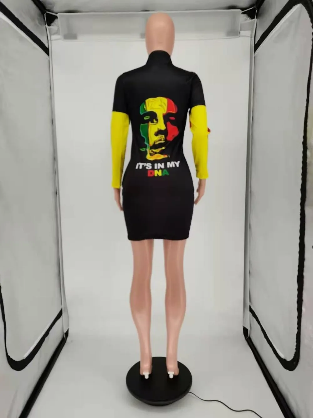 

Fashion Printed Patchwork Midi Dress for Women Bodycon Streetwear Long Sleeve Zipper Up Dresses Stand Collar Fall Winter Clothes