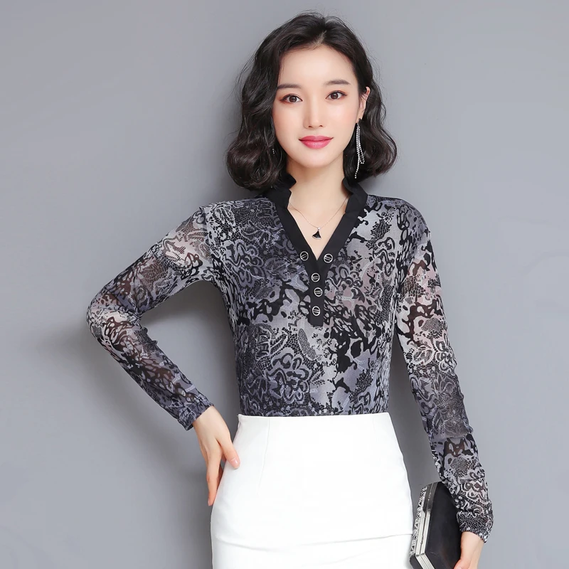 

Women Mesh V-Neck Blouse Print Long Sleeve Ladies Shirt Office Sexy Tops Womens Clothing Autumn Female Blouses Hot S022