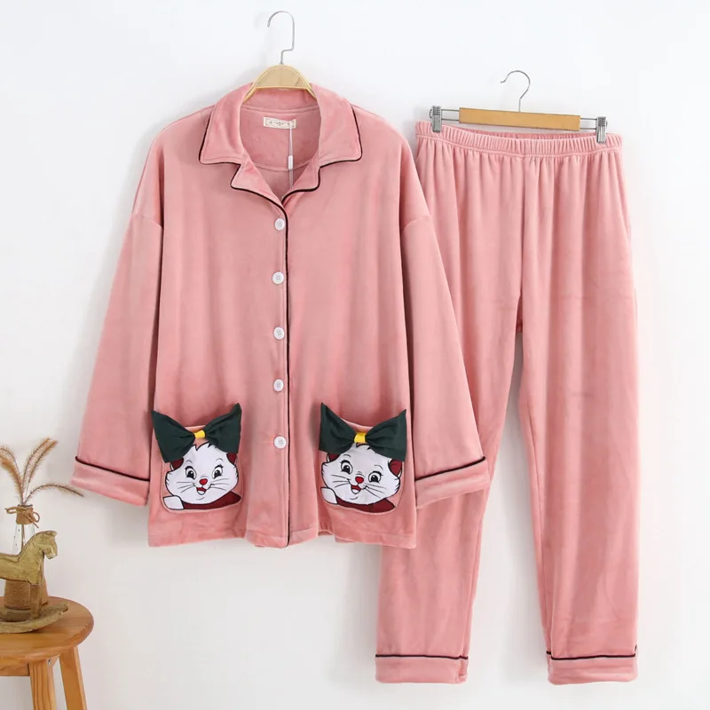 

Осенне-зимняя бархатная Пижама кораллового цвета женская зимняя теплая плюшевая Милая фланелевая Домашняя одежда с длинным рукавом