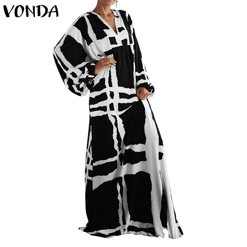 VONDA/платье большого размера, осень, сексуальные платья с v-образным вырезом и длинными рукавами, женские свободные сарафаны, повседневные богемные платья