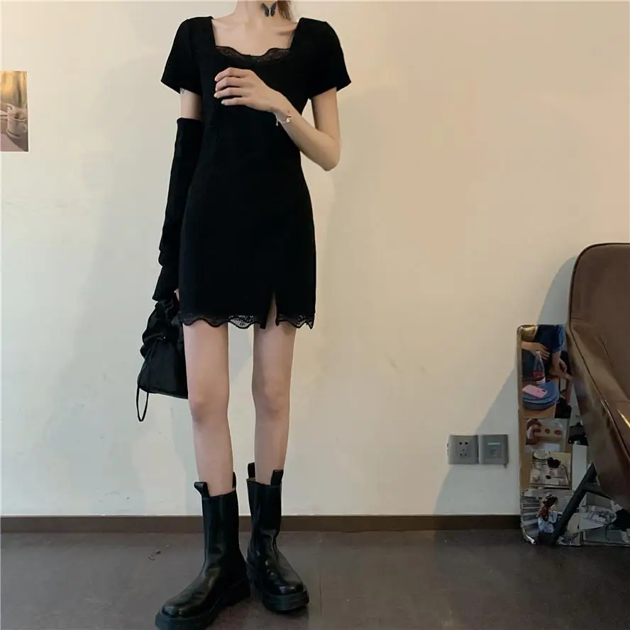 

Japanese Korean Short Sleeve Dress Women Sexy Square Collar Lace Splice Mini Dress Soft Girl Female A-Line Slim Split Dress 2021