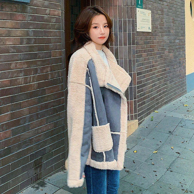 

Unua amo Furry Lambswool Coat Women Warm Biker Style Fashion Hit Color Spliced Design Faux Fur Suede Jacket Female LE00276A