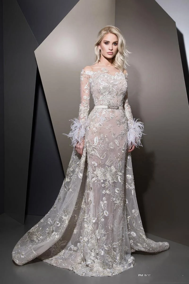 Дубай Аппликация Кружева Выпускные платья vestidos de gala Overskirt с длинным рукавом перо очаровательные развертки Поезд Формальные Вечерние платья