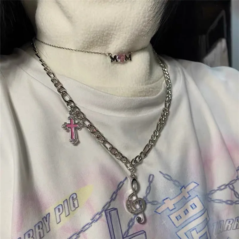 

Musical Note Necklace Double Layer Crystal Gems Cross Pendant Paper Clip Clavicle Chain Necklace Fashion Jewelry