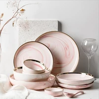 pink marble dinner plate set ceramic kitchen plate tableware set food dishes rice salad noodles bowl soup kitchen cook tool 1pc