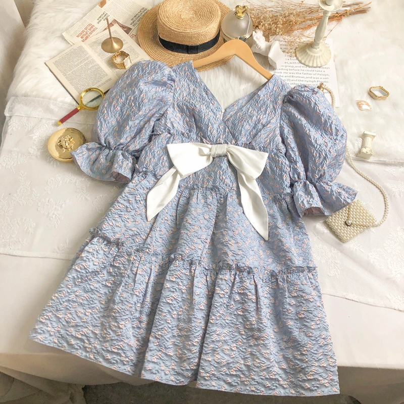 

Puff sleeve dress summer princess bow French sweet fluffy elegant Jacquard dresses