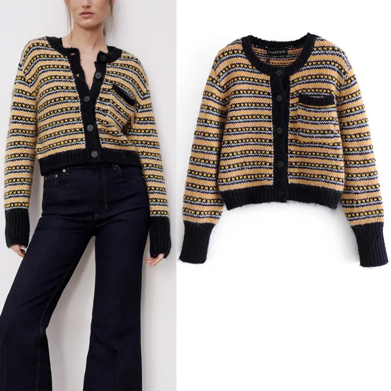 

Za Jacquard Knitting Cardigan Woman's Long Sleeve Chic Buttons Sweater Fashion Round Neck Thick Warm Female Oversized Sweater