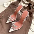2021 роскошные стильные сандалии с острым носком и бантом; Женские прозрачные красные стразы на шпильке
