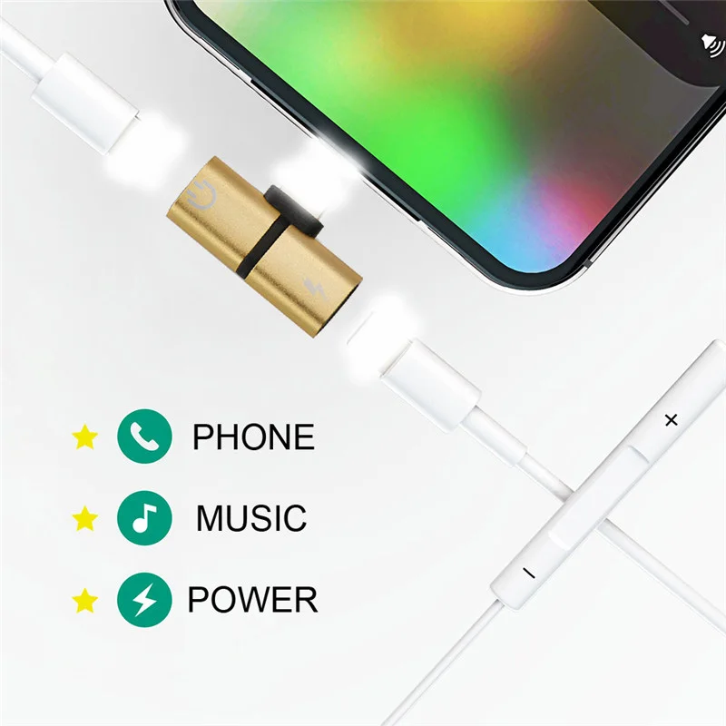 2 in 1 Double For lightning Audio Adapter iPhone 8 7 Plus X XR XS Max IOS 12.3 Charging Jack Earphone Aux Cable Adaptador | Мобильные