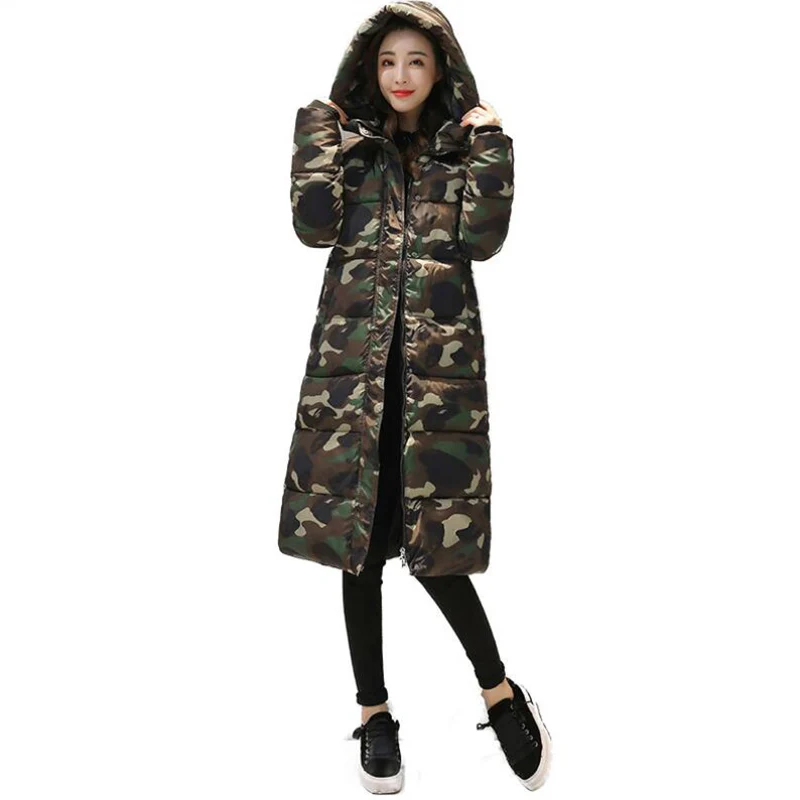Новая женская зимняя куртка с камуфляжным принтом Женские пальто капюшоном