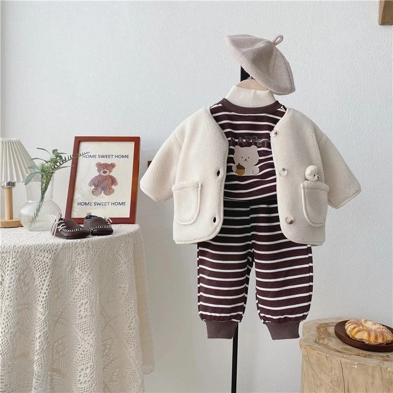 

2021 Autumn New Baby Coat Lamb wool Boys Jacket Thicken Warm Girls Outerwear Children's clothes Cartoon Three-piece Suit