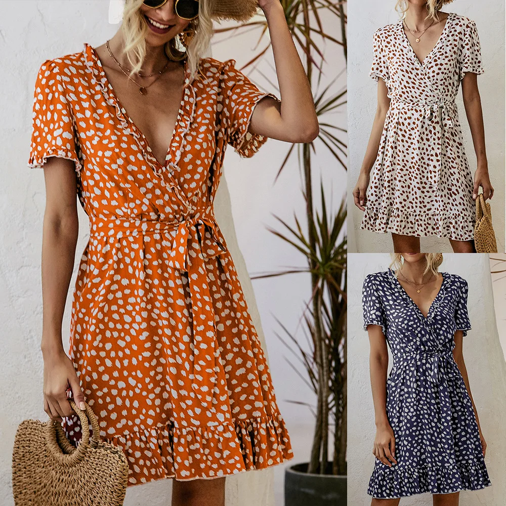 

Повседневное женское Бандажное мини-платье с V-образным вырезом и принтом, летнее праздничное платье с коротким рукавом, трапециевидная оде...