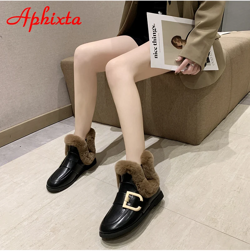 Aphixta; Новинка года; женские ботинки с пряжкой; женская кожаная обувь на меху; теплая плюшевая зимняя новая женская обувь; модные зимние ботинки