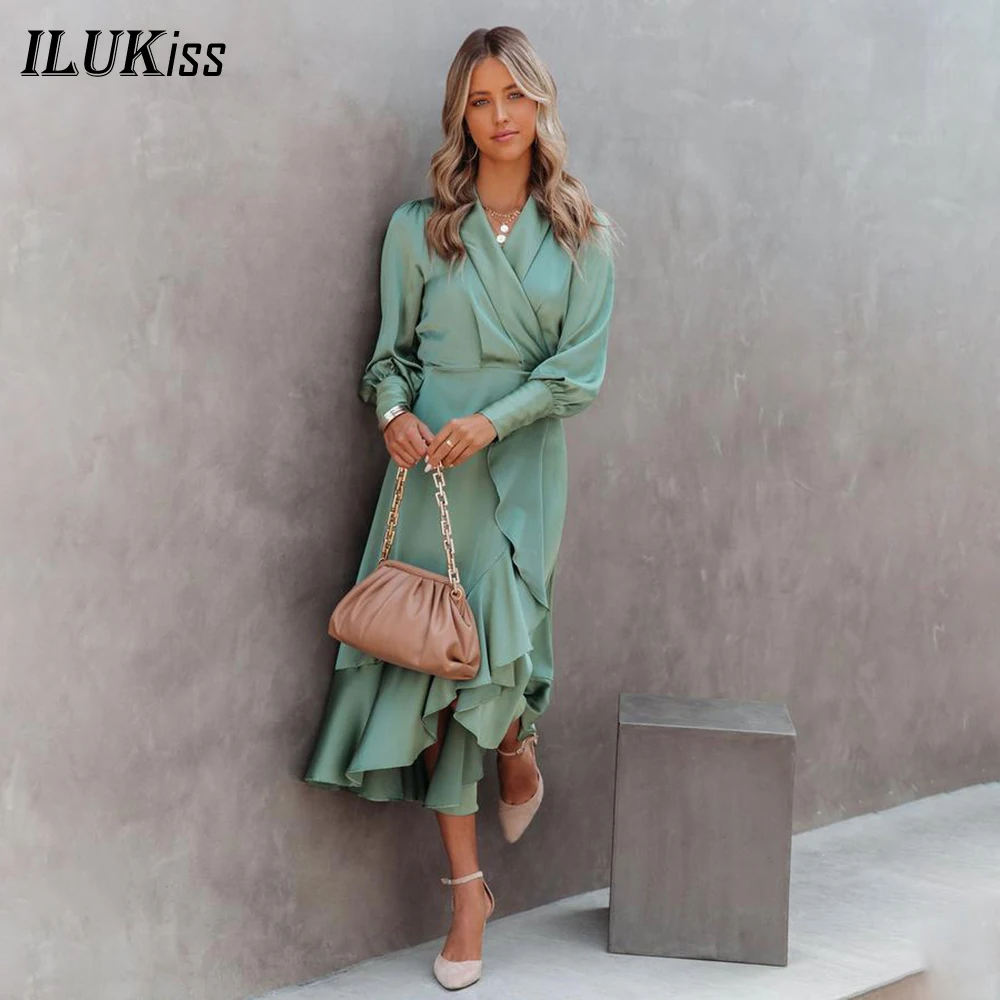 

Женское асимметричное платье макси, Элегантное повседневное платье с длинным рукавом и оборками, офисная одежда для осени, 2021