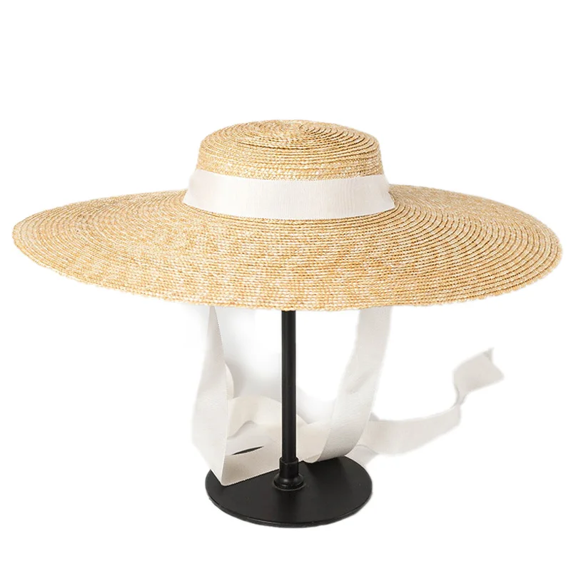 

Wide Brim Boater Hat 15Cm Brim Straw Hat Flat Women Kentucky Derby Hat White Ribbon Tie Sun Hat Beach Cap