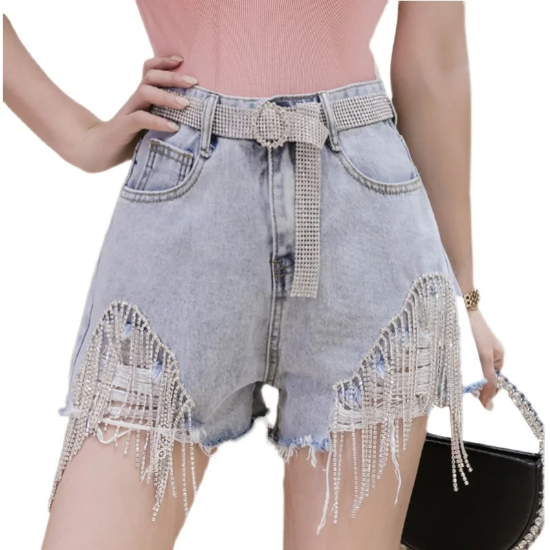 

Casual short jeans pants for women 2021 Summer Fashion Elegant Shorts Women's Tassel Beaded High Waist Wide Leg Denim Shorts