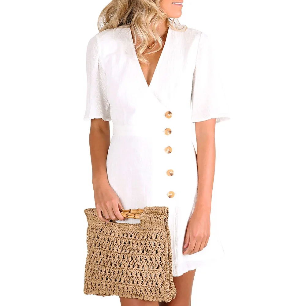 

QRWR 2020 летние однотонные платья с V-образным вырезом, женские повседневные короткие офисные платья на пуговицах, ТРАПЕЦИЕВИДНОЕ элегантное ж...