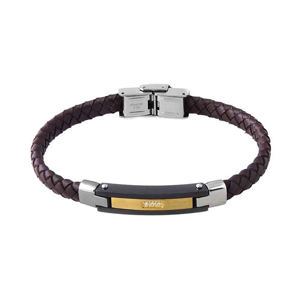 

Runda Men's Leather Bracelet Brown 21cm Adjustable Inlaid White Zircon Stainless Steel Jewelry Fashion New Products