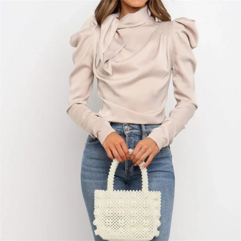 Брендовые новые женские атласные блузки с бантом длинными рукавами пышными