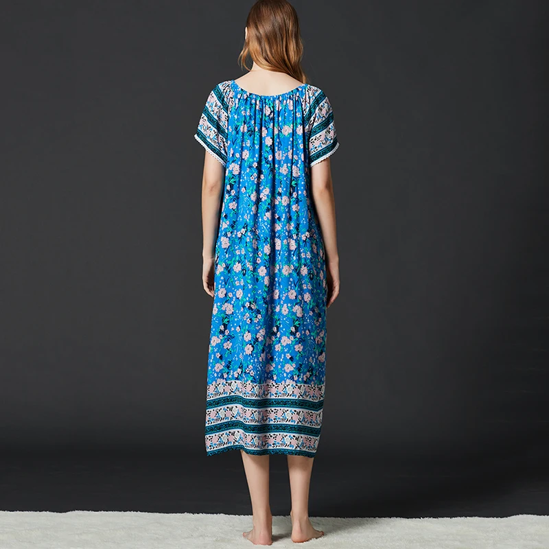 New Nightdress Women Viscose Short Sleeve Floral Nightgown Elastic Collar Long Dressing Gown Summer Sleepdress Casual Homewear