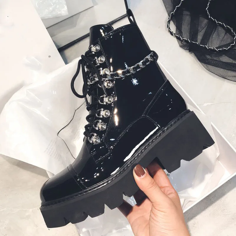 

KemeKiss Ankle Boots Women Real Leather Gothic Shoes Women Winter Fashion Metal Chain Zipper Strap High Heel Boots Size 34-39