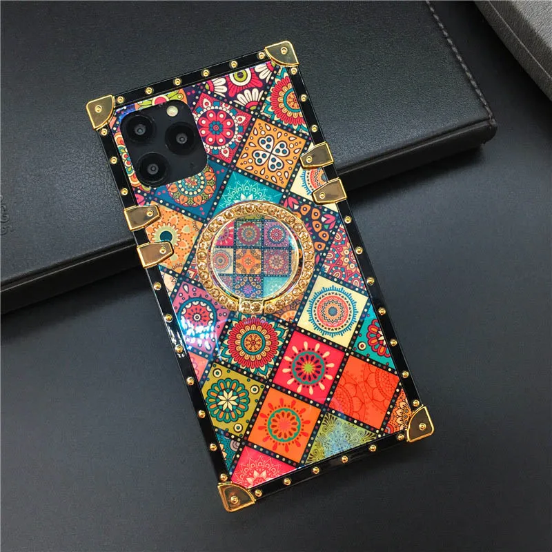 Color 2 with Ring Роскошная квадратная крышка Винтаж в клетку с цветами комплект чехол для samsung Galaxy S10 Lite S8 S9 Plus Note 10 9 8 J4 J6 A10 A7 A20 A50 M10 M20 - Цвет: Color 2 with Ring