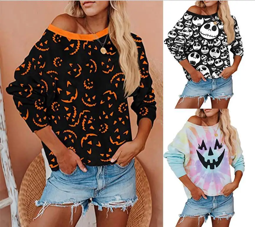 

Halloween Women Print T-shirt Casual Lantern Sleeve Off-the-shoulder Pullover Pumpkin Skull Witch Print Plus Size Sweatshirt