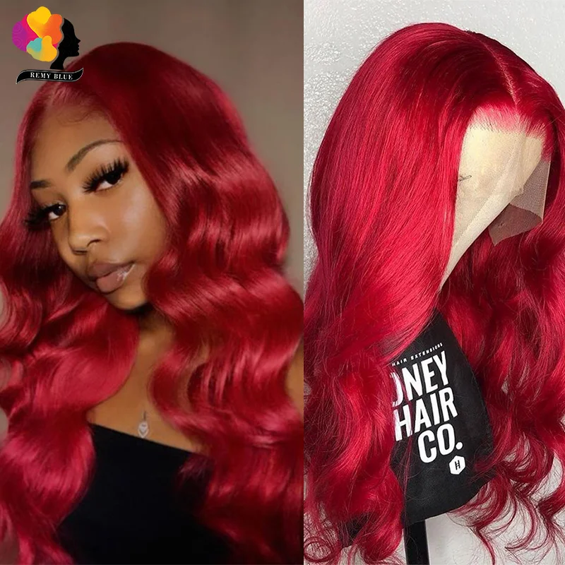 

Hot Red Lace Front Human Hair Wig For Black Women Brazilian Body Wave 99J Transparent Part Lace Front Wig 13*1 Burgundy Wig Remy