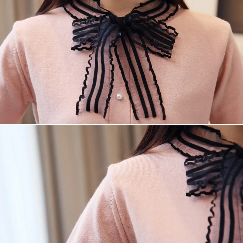 

Spring Women Blouse Ruffled Knit White Shirt Korean Style Sweet Cute Bow Long Sleeve Blouses Female Blusas Tops!
