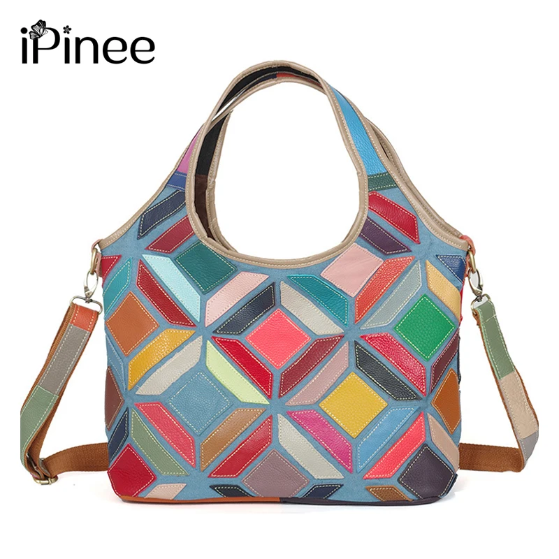 iPinee Brand Genuine Leather Women Handbag Colorful Cowhide Patchwork Women Casual Crossbody bag Large Capacity Shoulder Bag