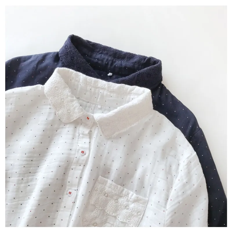 Кружевная рубашка с карманами в горошек из 100% хлопка длинным рукавом женская