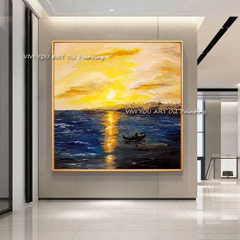 

The Handpainted Sunrise View Nature Canvas Painting Modern Artwork New Sea Sunset Pictures Thick Oil Wall Art for Office Decor