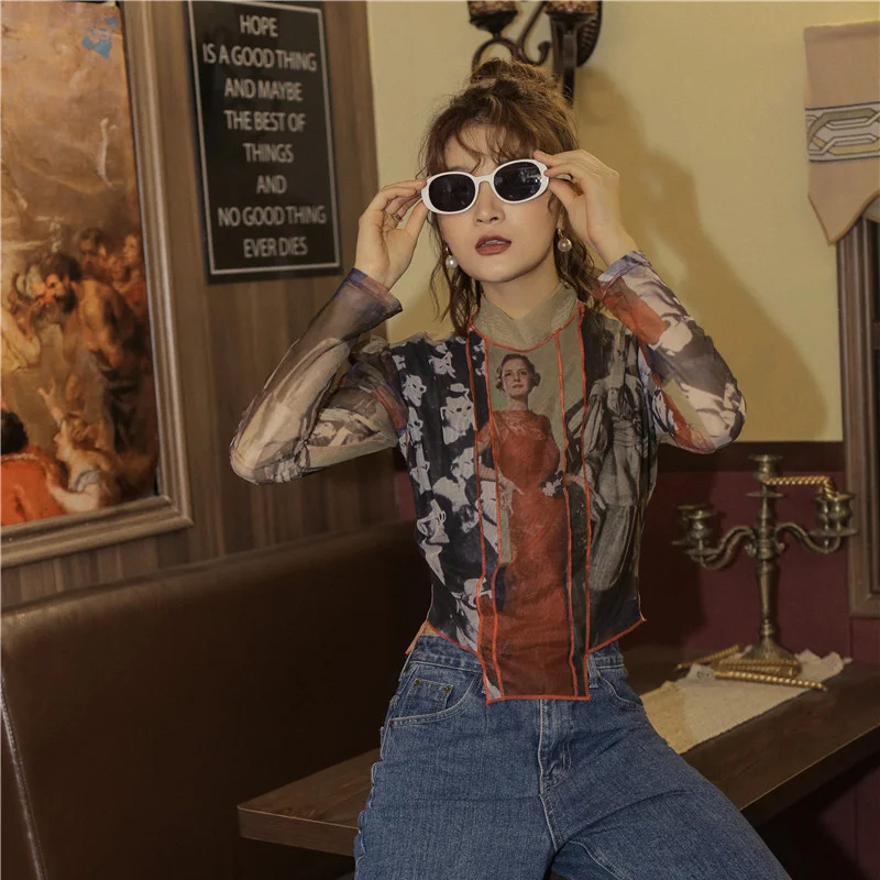 

Kimotiom Women Blouse Casual fashion Bottoming Print Look Thin Tops Korean Chic Style Half-high Collar Chiffon Ins Shirt Femme